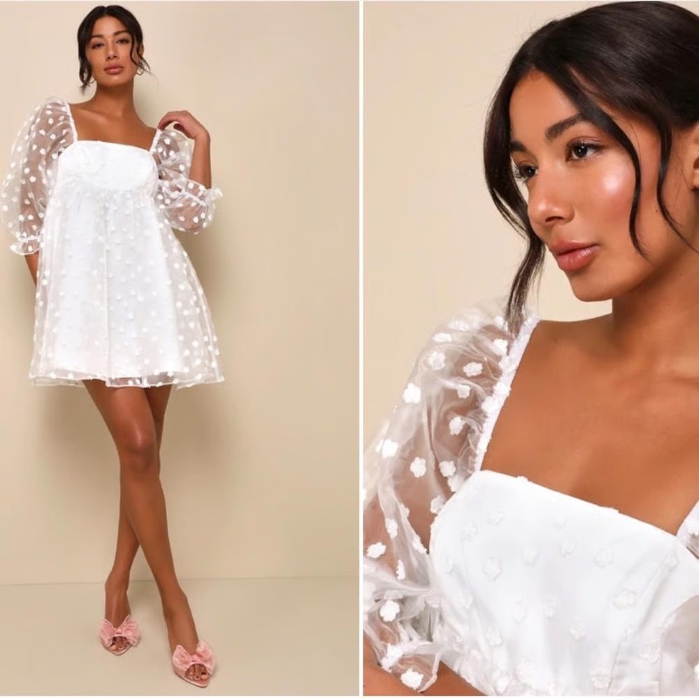 Lulu's White Floral Puff Sleeve Dress